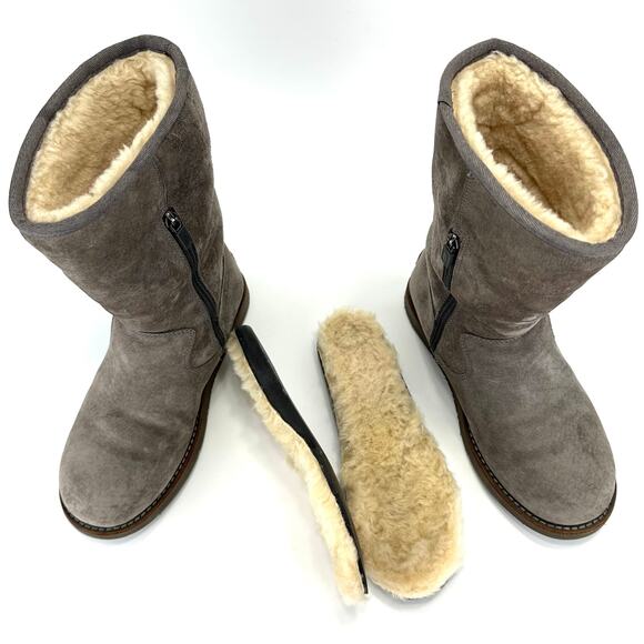 UGG Australia Gray Short Winter Boot Sz 6 Suede Wool Cold Weather Flat Mid-Calf - Picture 1 of 12